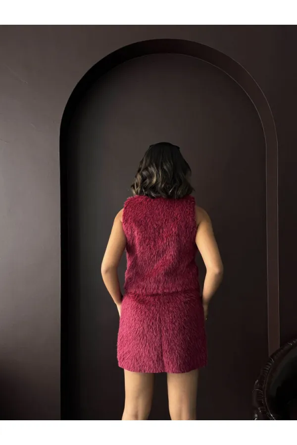 Topshow - Toptan Vintage Tarz Bordo Tüylü Kadın Yelek