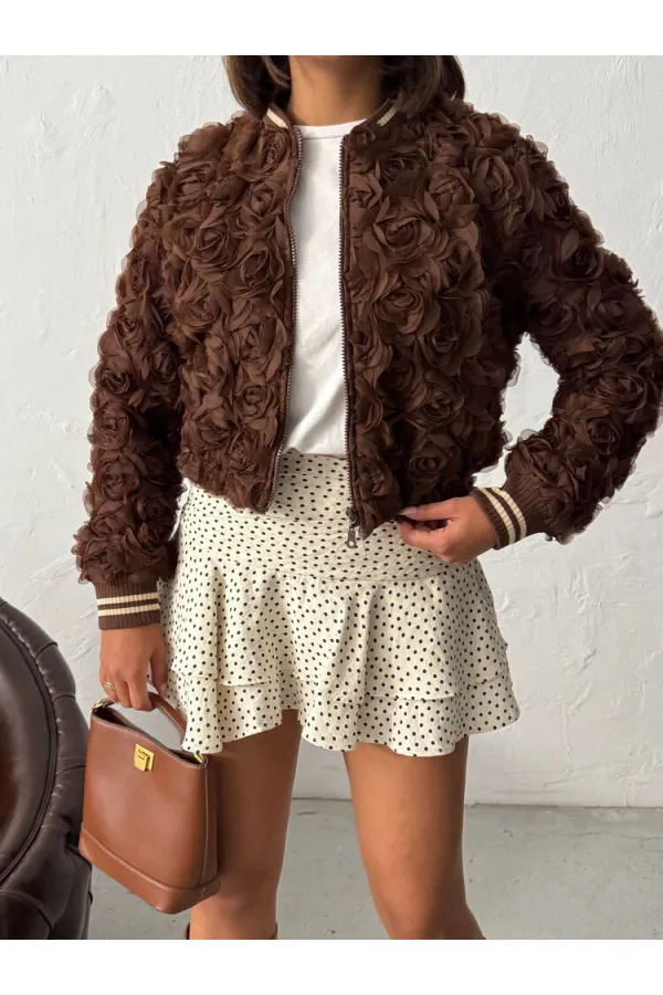 Topshow - Toptan Gül Süzüneli Fermuarlı Mont - Kahve