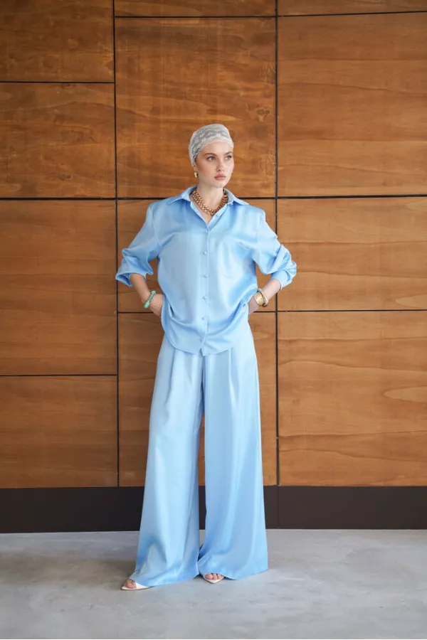 Saten Pantolon - Mavi | F2052 - Topshow