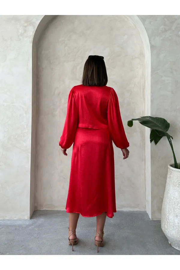 Kraşlı Saten Önden Bağlamalı Toptan Bluz - Kırmızı | Topshow | F1916