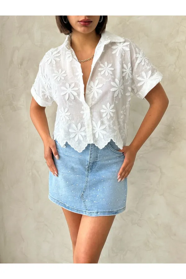 Nakışlı Gömlek - Krem Topshow