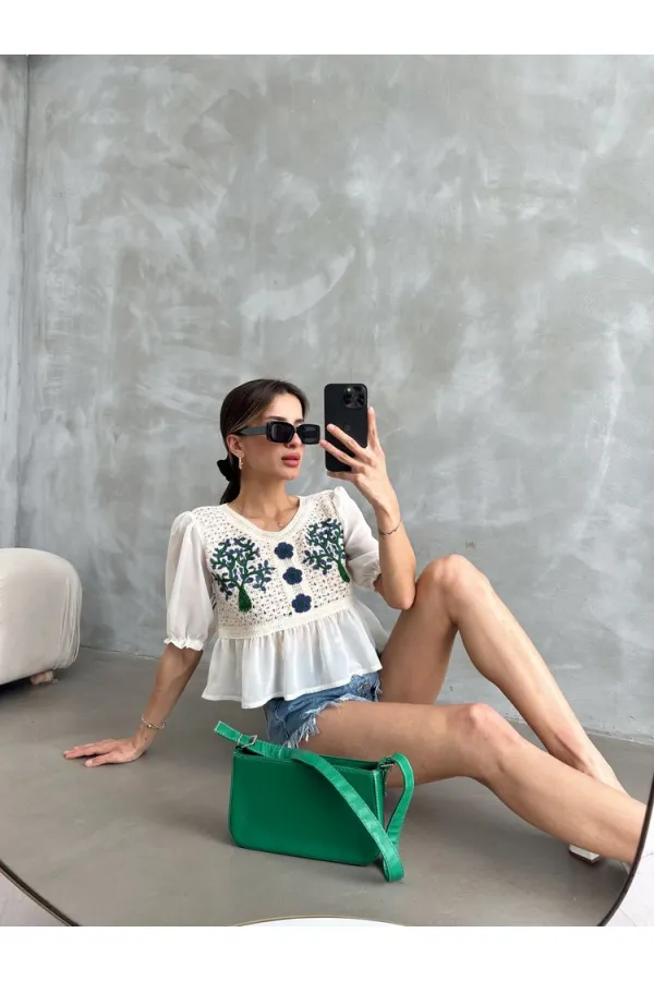 Topshow Stone Saxe Embroidered Wholesale Blouse