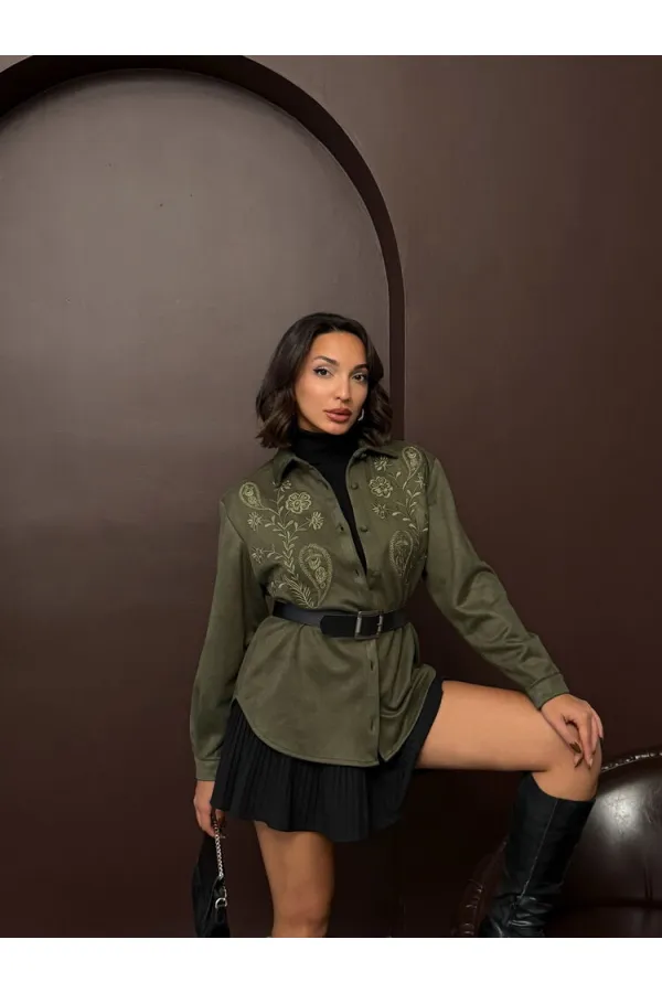 Topshow Nakışlı Scuba Süet Gömlek - Haki | F2024