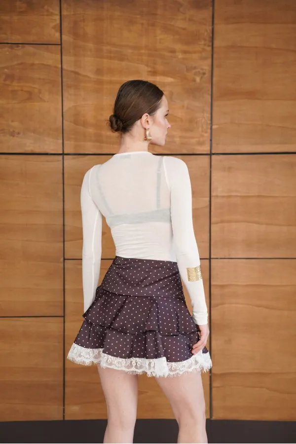 Jupe en satin à pois avec détails en dentelle - Marron | D2962 - Topshow