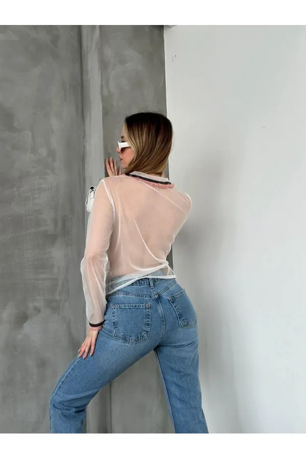 Blouse en tulle détaillée en gros - Crème | TOPSHOW | F1634