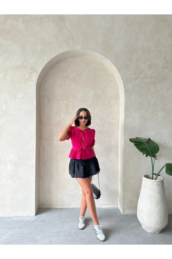 Topshow Fuşya Önden Bağlamalı Poplin Toptan Bluz