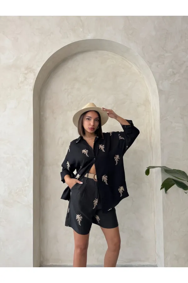 Kemer Detaylı Nakışlı Keten Şort - Siyah | Topshow