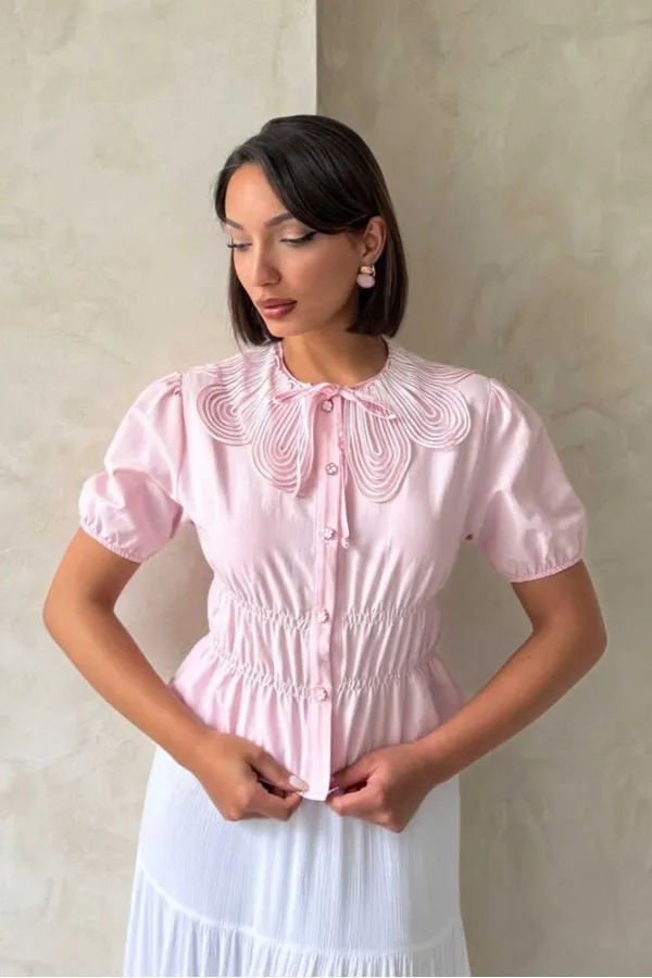 Gathered Shirt with Collar Detail - Pink | Topshow