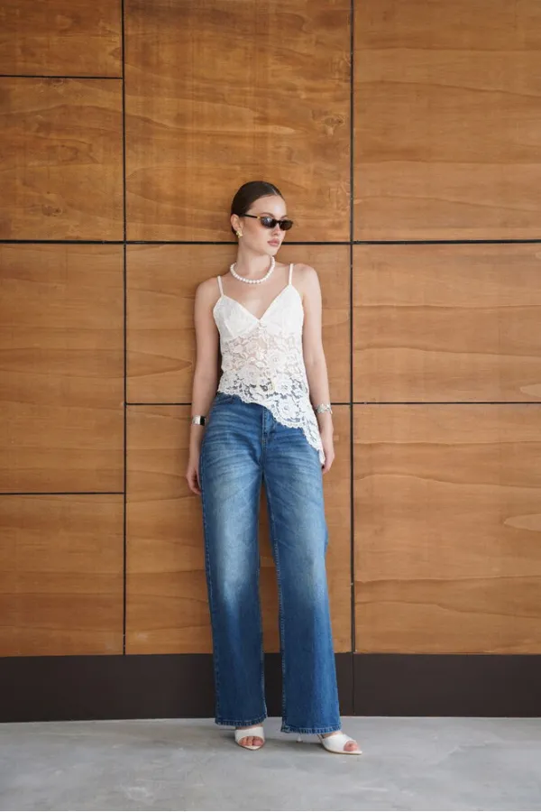 Blouse brodée à bretelles - Crème | D2965 - Topshow