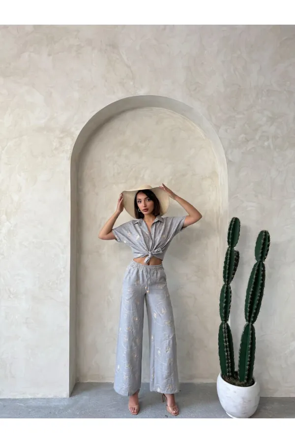 Nakışlı Toptan Gömlek - Gri Dsn2 | Topshow