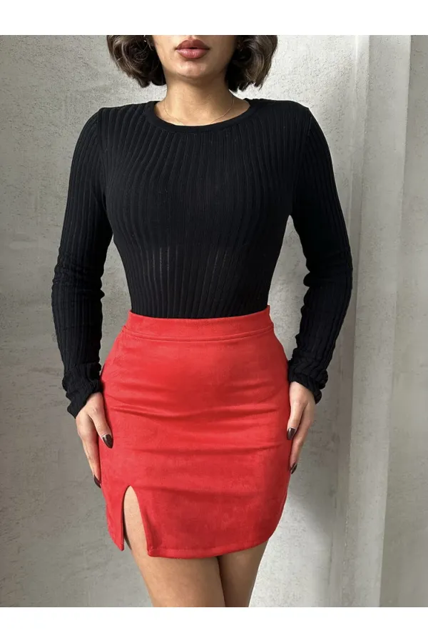 Suet Yırtmaclı Toptan Etek - Kırmızı | TOPSHOW | F1573