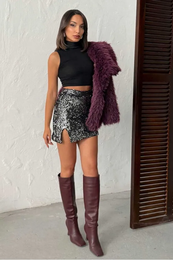 Topshow Sequined Velvet Mini Skirt - Black Silver | F2054