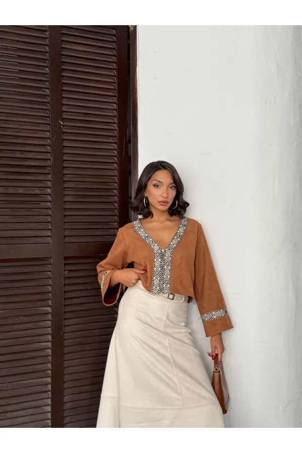 Topshow Şerit Detaylı Scuba Süet Fermuarlı Ceket - VİZON | F1971