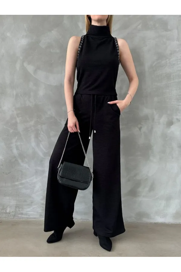 Pantalons en maille en gros - Noir | TOPSHOW | f1486