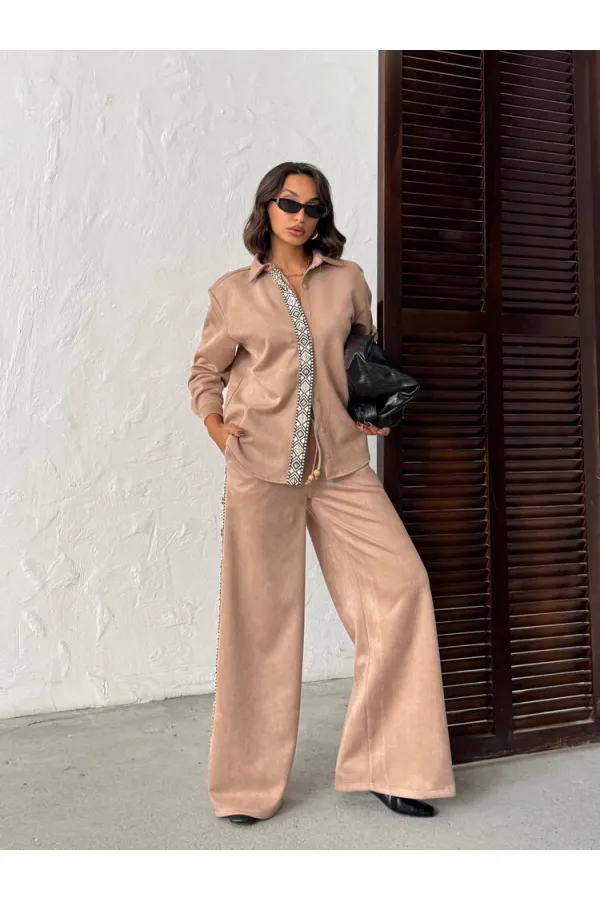 Topshow Stripe Detailed Scuba Suede Trousers - Mink | F1972