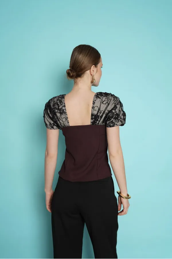 Boat Neck Blouse with Shoulder Lace Detail - Coffee | D2994 - Topshow