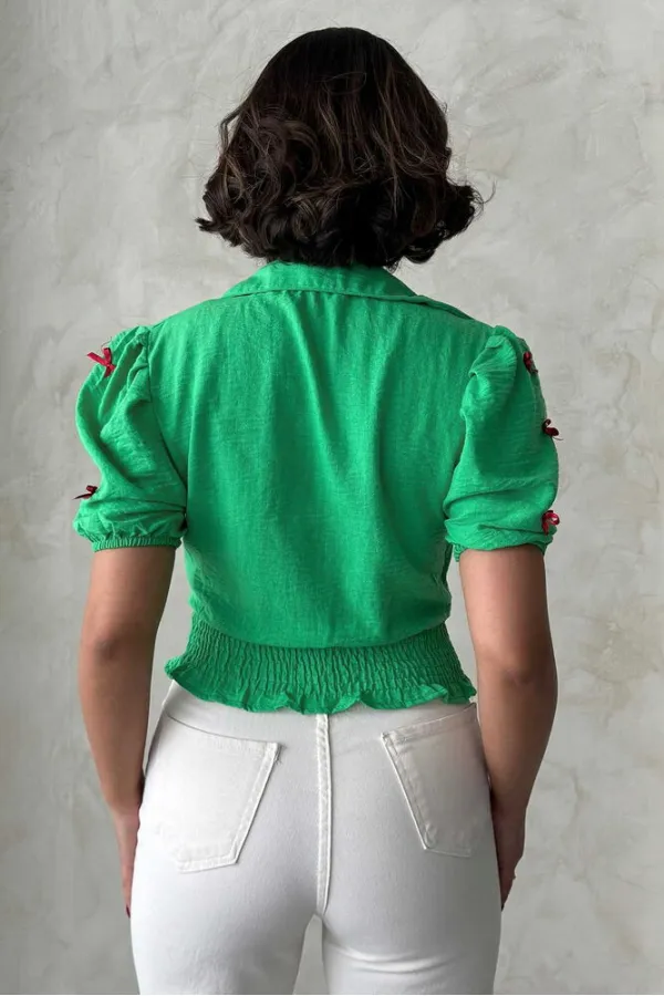 1 Fiyonklu Keten Toptan Gömlek - Zümrüt | Topshow