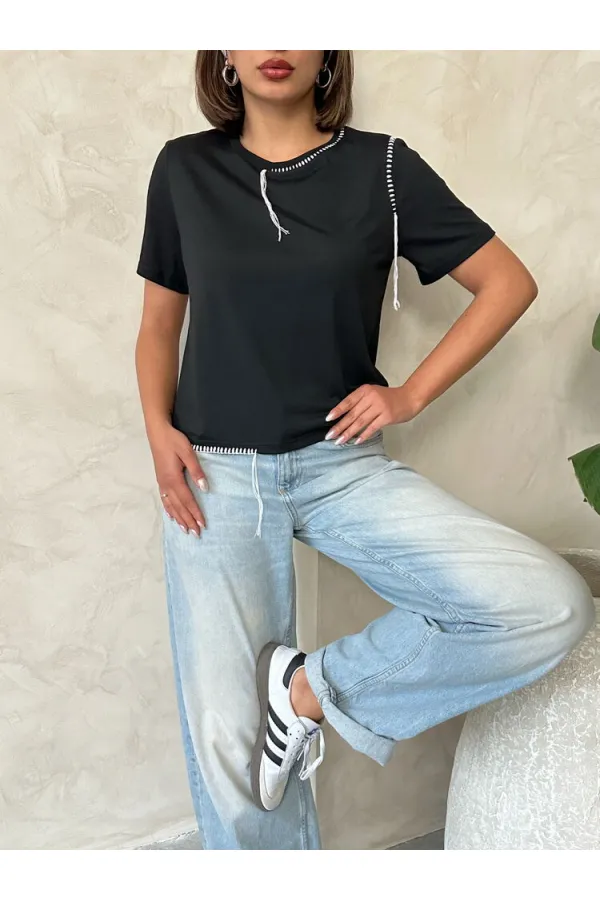 Topshow Siyah Çoban Dikişli Toptan Tişört