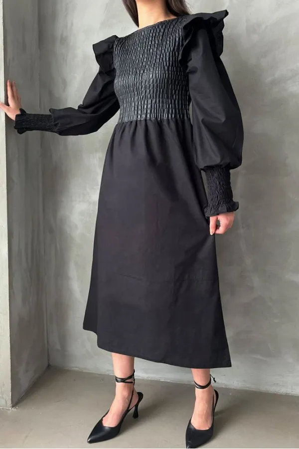 Topshow Black Body Leather Sleeve Wholesale Skirt Poplin Wholesale Dress | F0843