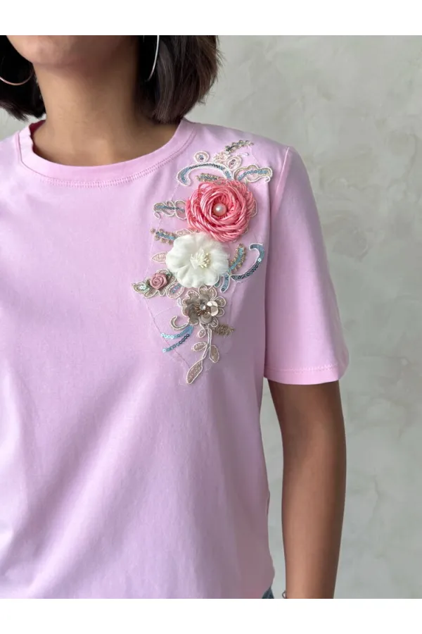 Çiçek Detaylı Tişört - Pembe | Topshow