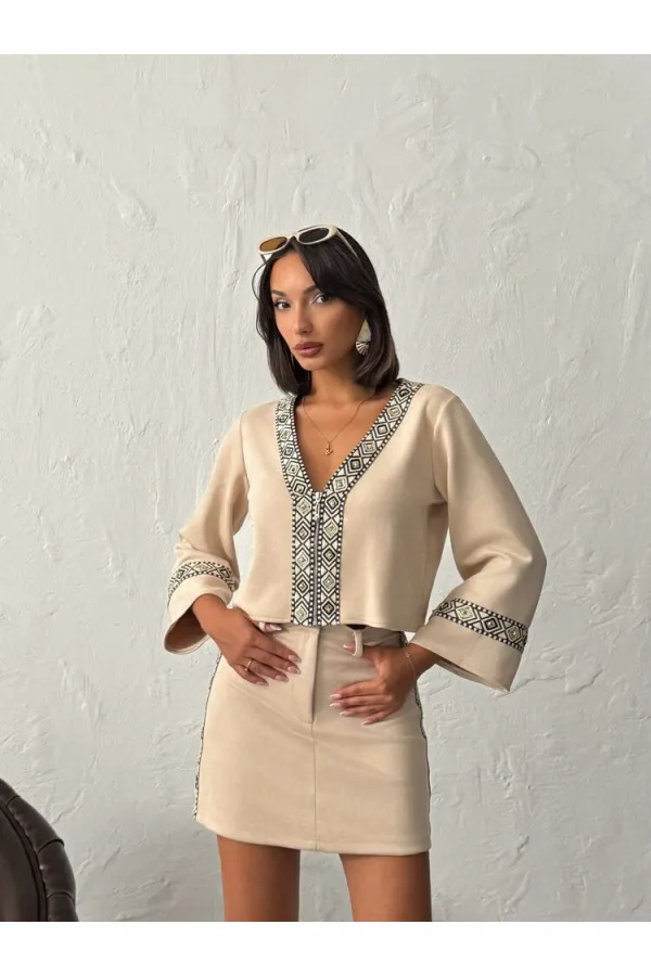 Topshow Stripe Detailed Scuba Suede Zippered Jacket - Stone | F1971