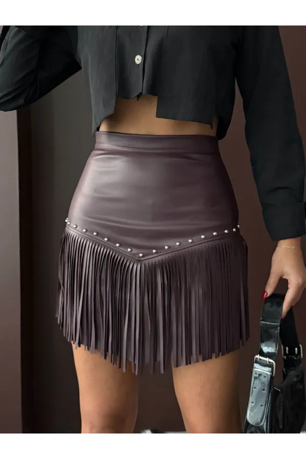 Topshow Western Tarz Püsküllü Mini Deri Toptan Etek - Kahve | F2041