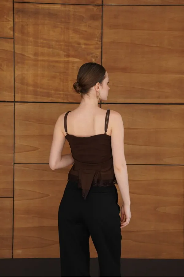 Askılı Dantel Detaylı Tül Toptan Bluz - Kahve | D2979 - Topshow