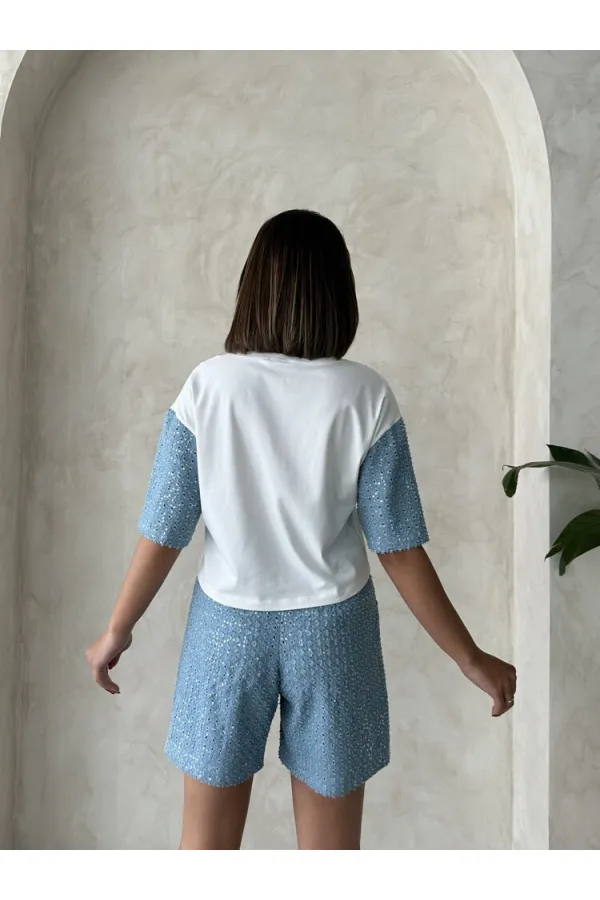 Pullu Kot Şort - Mavi | Topshow