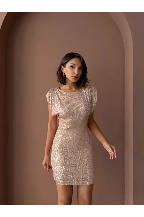 Topshow Işıltılı Pul İşlemeli, Arka Dekolteli, Mini Gece Elbisesi - Bakır | F1867