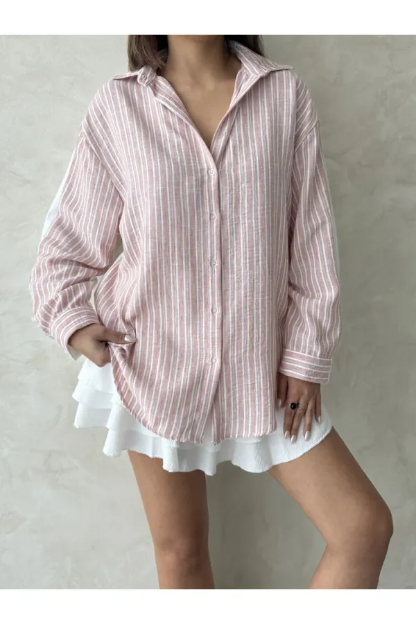 Çoban  Dikişli Keten Gömlek - Krem Pembe - D2597 | Topshow | F1917