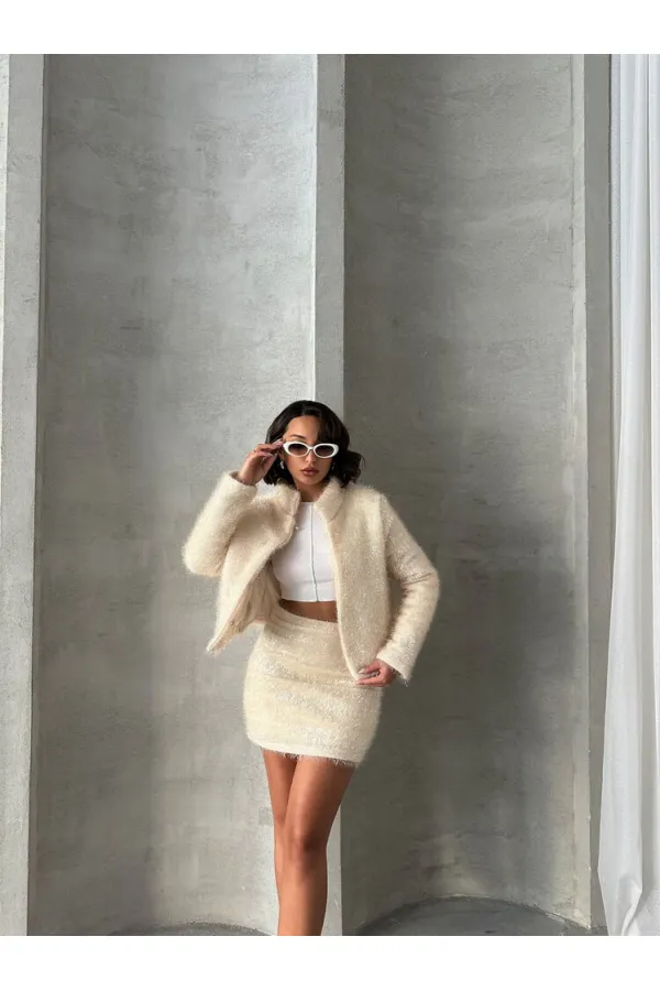 Jupe à franges pailletées en gros - Crème | TOPSHOW | F1839