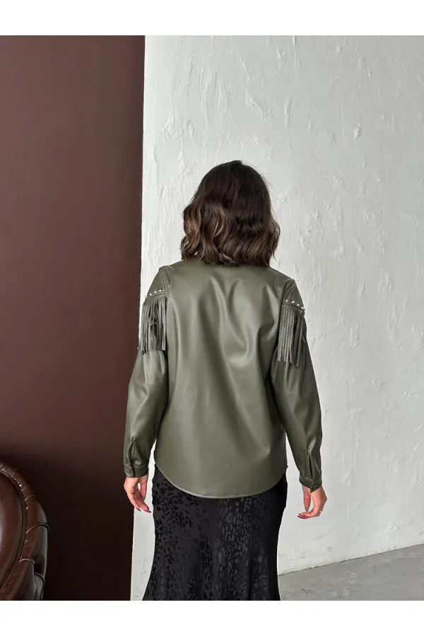 Chemise en similicuir kaki à franges tombantes F 2043