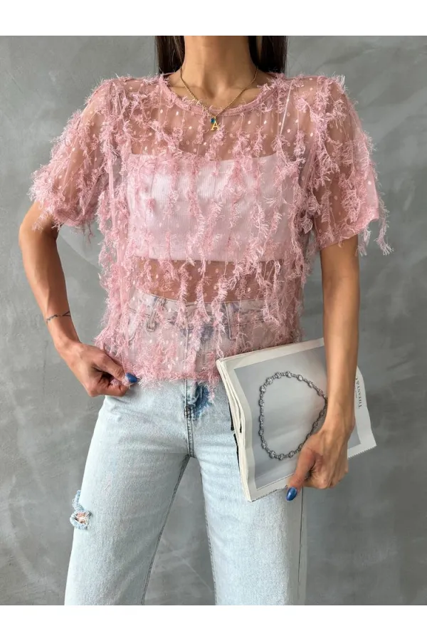 Topshow Pudra Simli Saçaklı Toptan Bluz