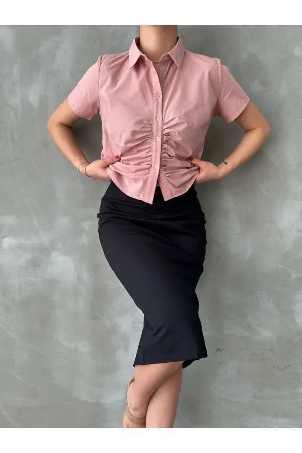 Topshow Powder Gipel Front Gathered Wholesale Blouse