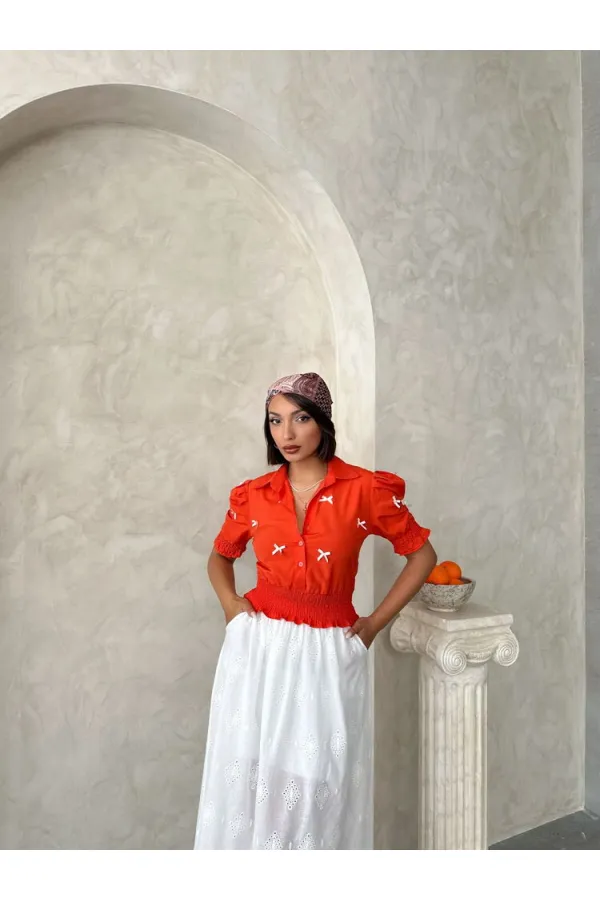 Kol Ucu Etek Gipeli Düğmeli Gömlek - Oranj Topshow