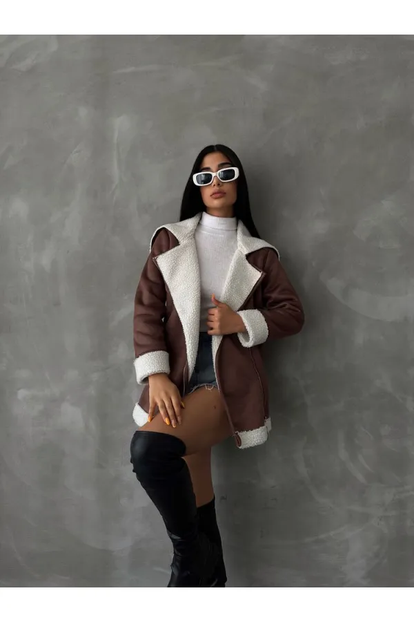 Manteau en cuir à fermeture éclair et col en fourrure (vente en gros) - Beige crème | TOPSHOW | F1534