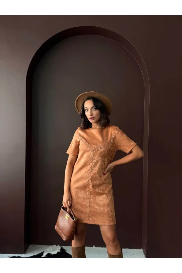 Topshow Drop Suede Wholesale Dress - Tan | F2039