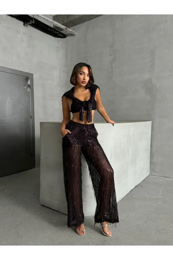 Pullu Tül Toptan Pantolon - Siyah Bordo | TOPSHOW | F1611