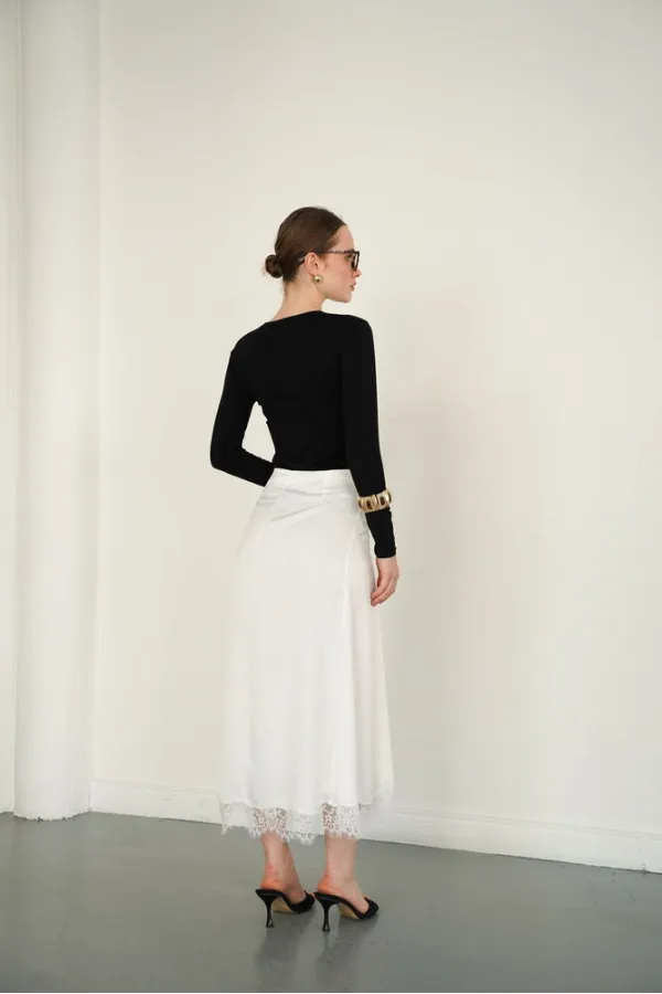 Dantel Detaylı Saten Toptan Etek - Krem | D2930 - Topshow