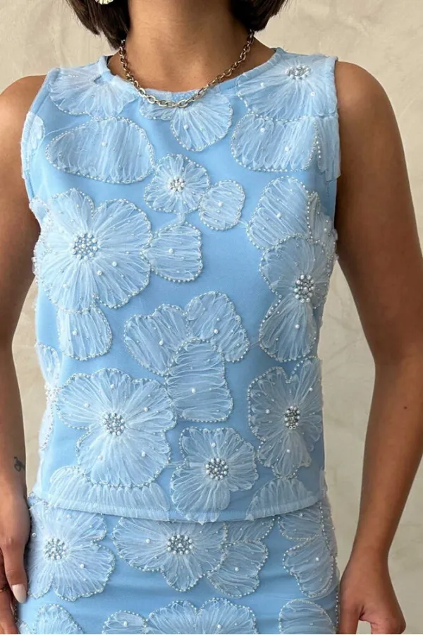 Beaded Sleeveless Wholesale Blouse - Blue | Topshow