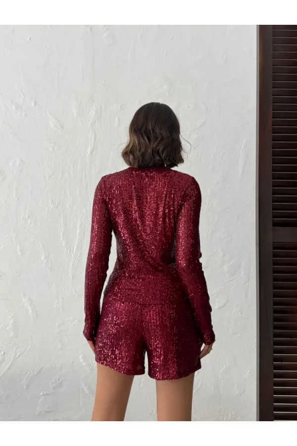 Chemisier à manches longues brodé de sequins scintillants Topshow pour femme - MARRON | F1866