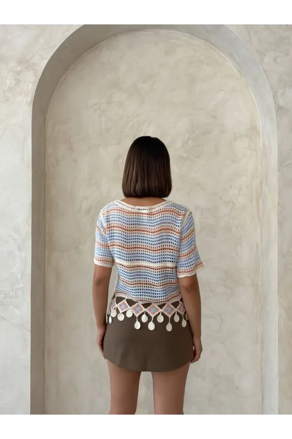 Topshow Orange Mesh Bottom Pompom Wholesale Blouse