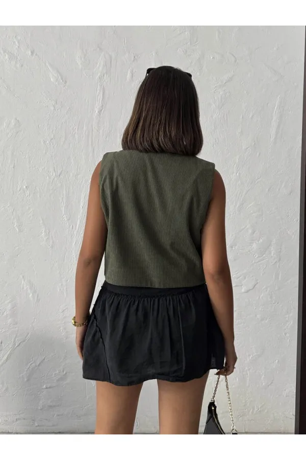 Topshow - Wholesale Corduroy Embroidered Vest - Khaki