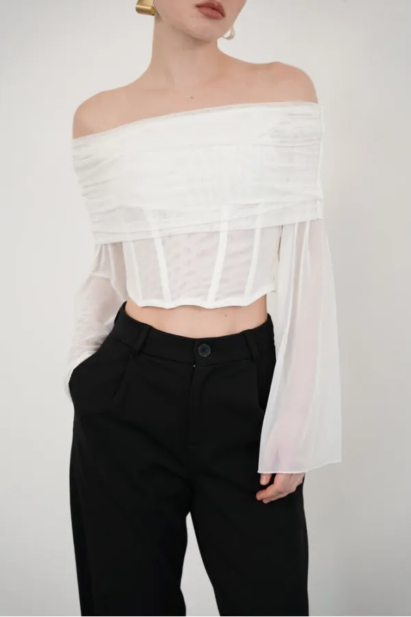 Long Sleeve Tulle Wholesale Blouse - Cream | D2977 - Topshow