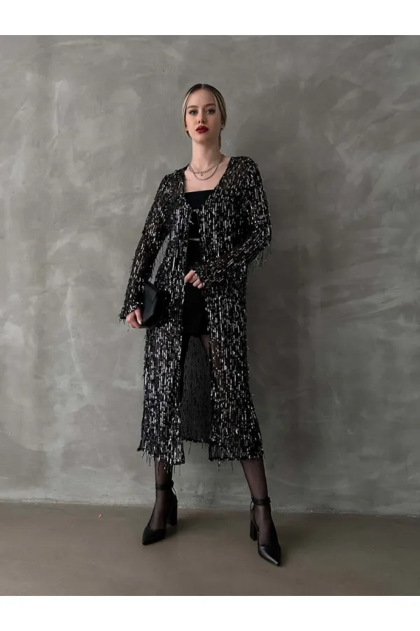 Uzun Toptan Hırka - Siyah Gümüş | TOPSHOW | F1618