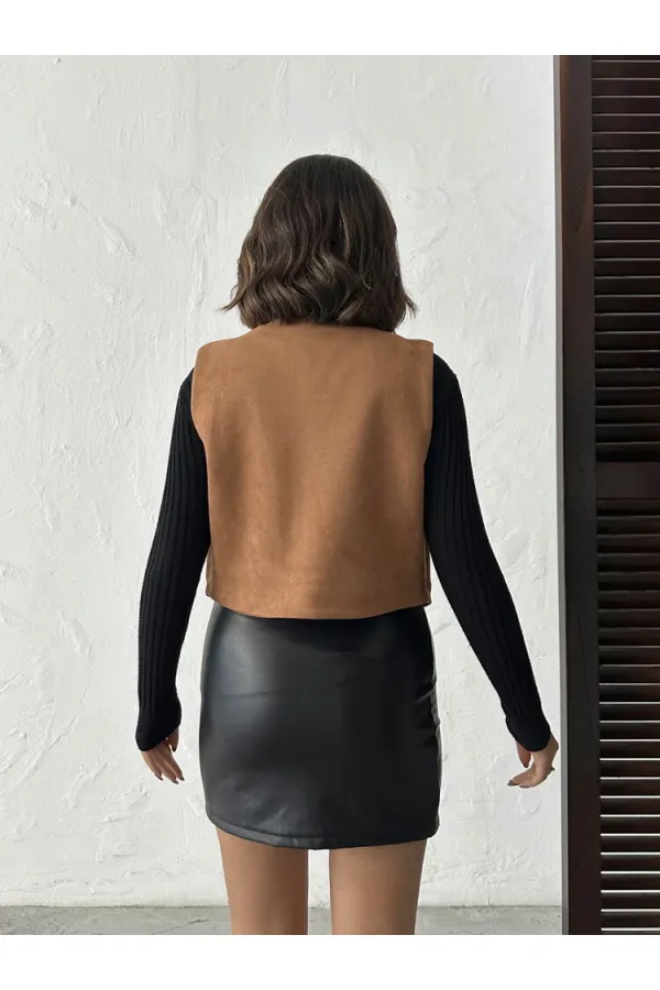 Topshow - Toptan İşlemeli Süet Yelek – Western Tarz Şıklık -- Taba