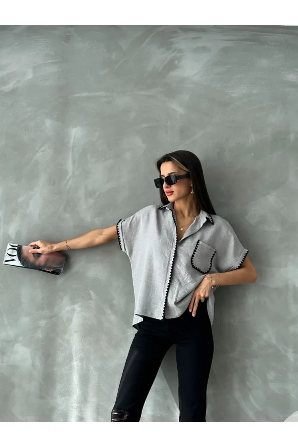 Topshow Gri Çoban Dikişli Keten Toptan Gömlek