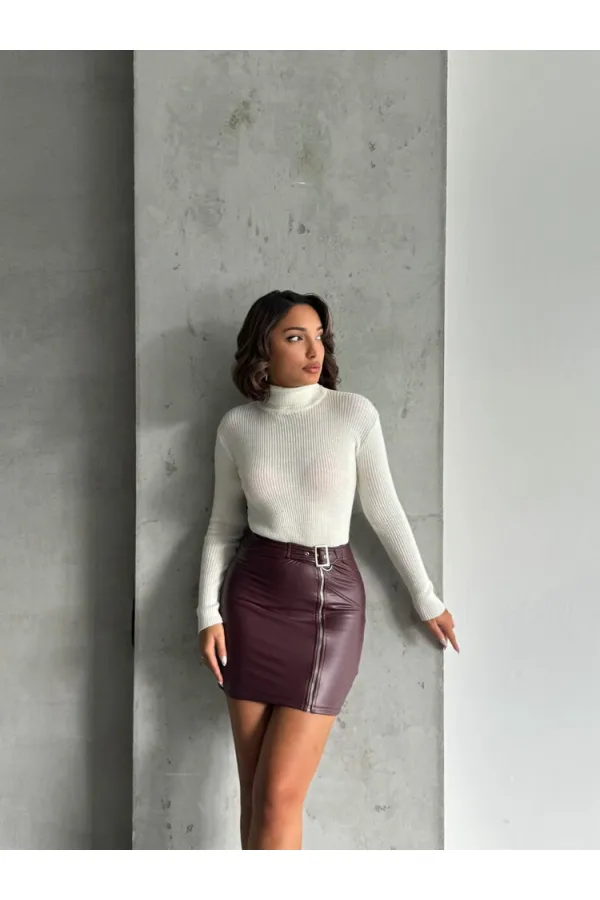 Fermuarlı Deri Toptan Etek - Bordo | TOPSHOW | F0125