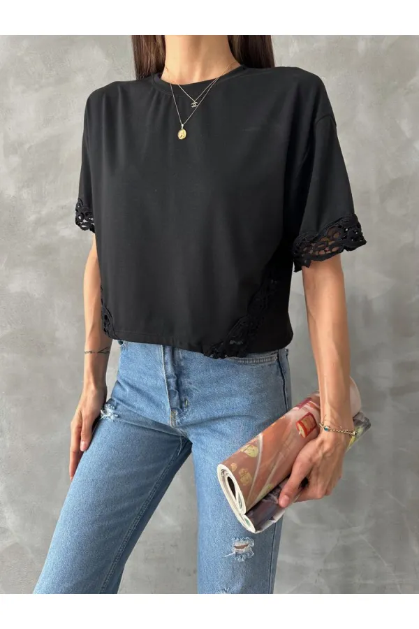 Topshow Siyah Dantel Detaylı Toptan Tişört