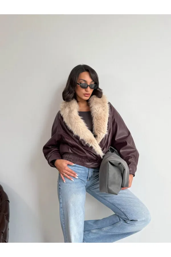 Veste en cuir croisée à col en fourrure Topshow - Bordeaux | F2050